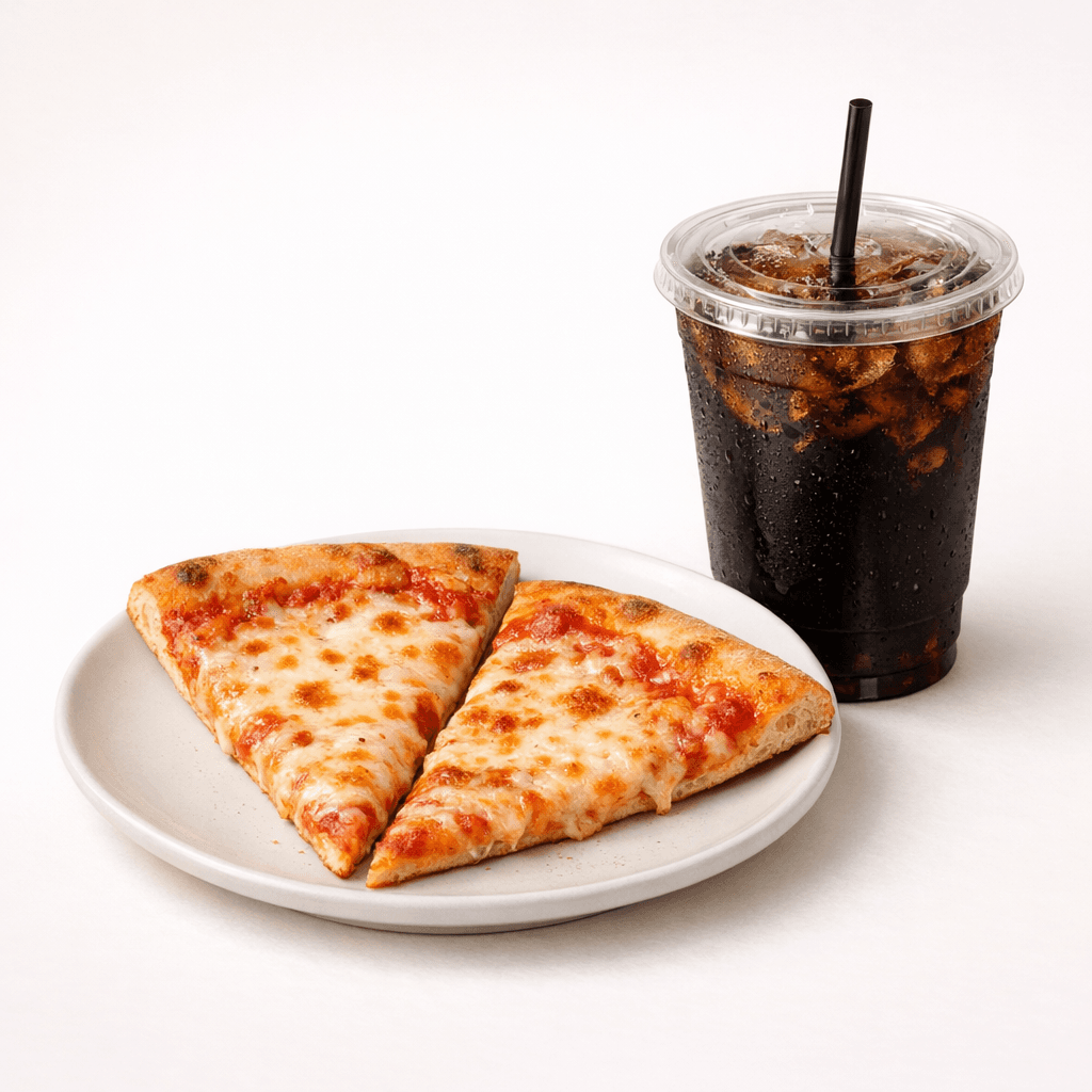 2 slices of cheese pizza and a soda/tea
