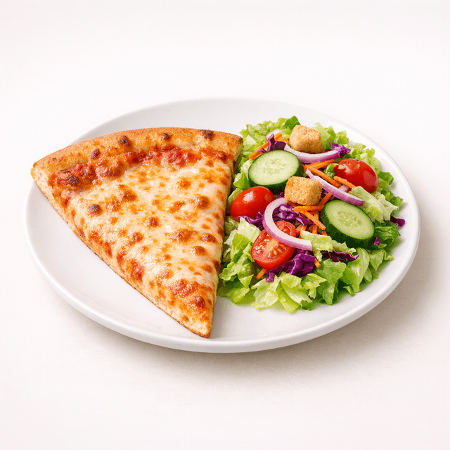 A Slice of Cheese Pizza with a side salad