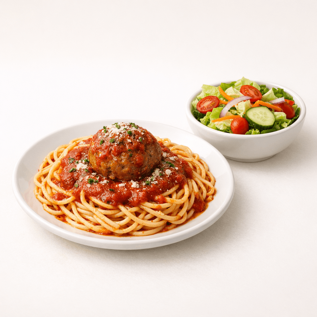 Spaghetti and a Meatball with a side salad