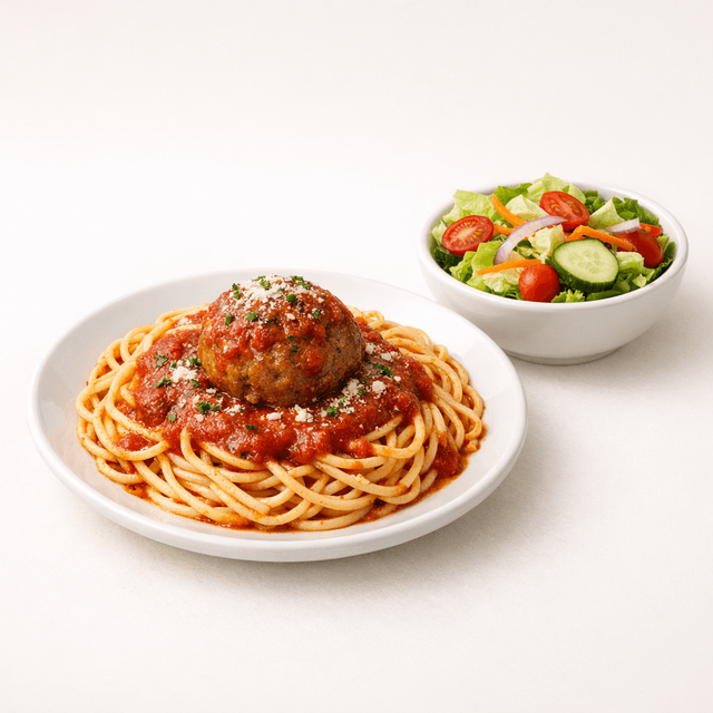 Spaghetti and a Meatball with a side salad